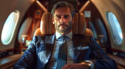 a businessman sits in a luxurious first class cabin or in a private jet business jet interior comfortable travel illustration for banner poster cover brochure or presentationimage illustration - obrazy, fototapety, plakaty