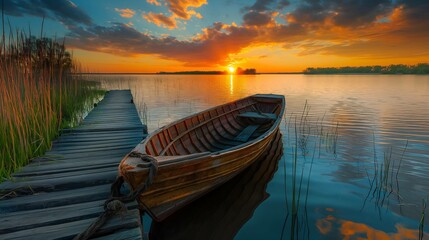 Sunset with old wooden boat and wooden pier in lake view peaceful sunset It makes you feel calm...