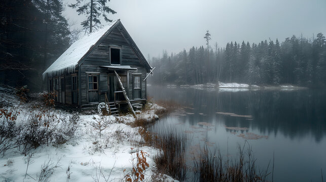 An old wooden house sits on the bank of a lake in the middle of the forest. There is snow on the ground and trees in the background. It's the morning atmosphere. The photos are therefore mysterious an