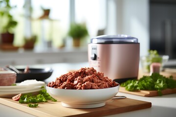 Modern electric meat grinder with fresh chopped meat on table in kitchen