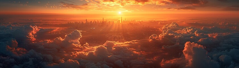 Sky city, floating platforms, sunrise, city above clouds painting, skyward view, golden horizon, utopian dream 