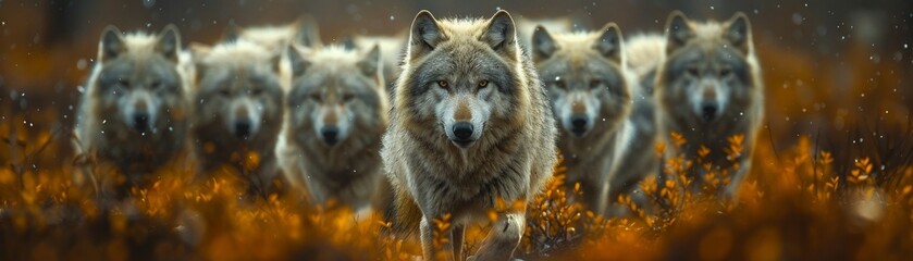 Fototapeta premium Spectral Wolf Pack, ethereal hunt, dusk, phantoms of the tundra, encompassing run, twilight chase, ghostly predators