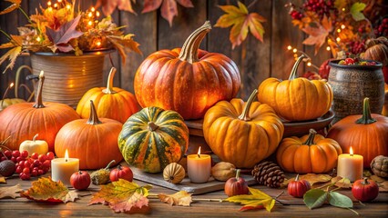 Festive Autumn Table adorned with Various Pumpkins and Fall Leaves Decor.