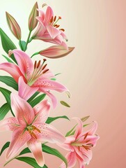 Lush Pink Lilies Illustration - A lavish display of pink lilies with detailed stamens set against a subtle peach background, evoking a feel of romantic nostalgia