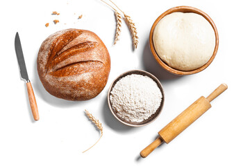 Bread, dough, flour and rolling pin isolated - 788301108