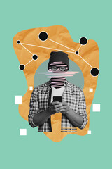 Vertical photo collage of faceless guy wear hat plaid shirt hold iphone anonym hacker type browsing...