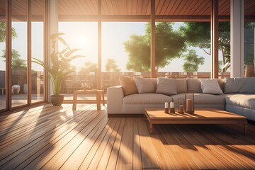 Interior of modern living room with wooden walls, wooden floor, comfortable sofa and coffee table. 3d rendering