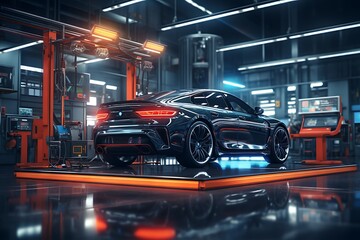3D rendering of a brand less generic concept car in a factory - obrazy, fototapety, plakaty