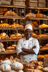 African american mature man work on bakery make bread and sale
