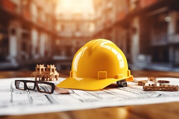 Yellow hard hat on construction site background. 3d render illustration.