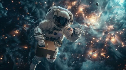 astronaut in outer space holding a cardboard box - obrazy, fototapety, plakaty