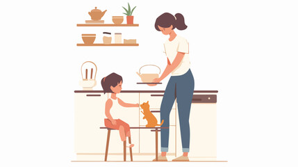 Caring mother and cute daughter feeding cat at kit 