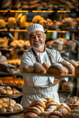 Caucasian mature man work on bakery make bread and sale - obrazy, fototapety, plakaty