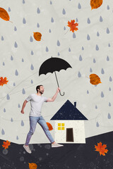 Photo collage composite trend artwork sketch image of autumn fall rainy day young man walk on...