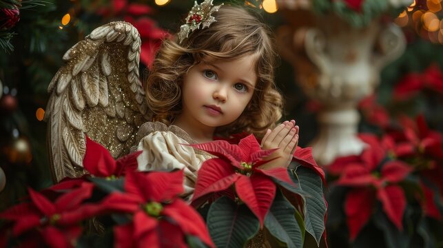baby angel holding poinsettia flower