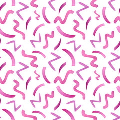 Simple magenta scribble. Line doodle seamless pattern. Abstract minimalist texture. Ornate with confetti. Watercolor illustration for party design, wedding package, textile