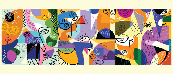 Group of abstract face portrait cubism art style, decorative, line art hand drawn vector illustration. Design for wall art, decoration, poster and print.