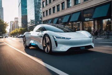 Futuristic electric car running on the city street at day time with motion blur and copy space....