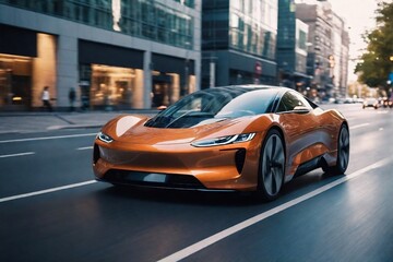 Futuristic electric car running on the city street at day time with motion blur and copy space. Futuristic EV Car and Alternative Energy Concept.