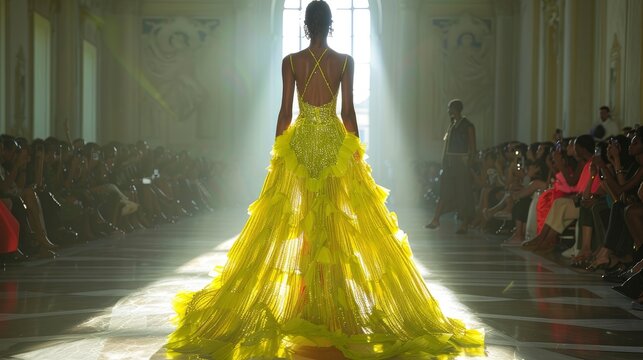 lime green dress haute couture full body full body length blonde long hair walking runwayimage illustration