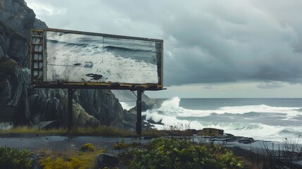 a blank billboard positioned along a scenic coastal drive, with rugged cliffs and crashing waves in the background, offering a dramatic setting for your advertisement.
