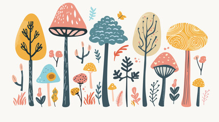 Fototapeta na wymiar Childish forest trees in Scandinavian doodle style
