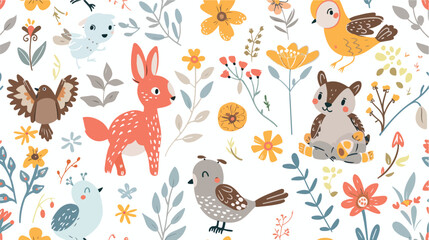 Fototapeta na wymiar Childish seamless pattern with adorable animals birds