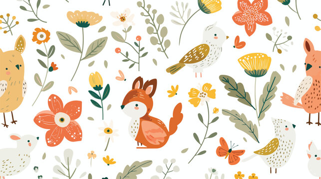 Childish seamless pattern with adorable animals birds