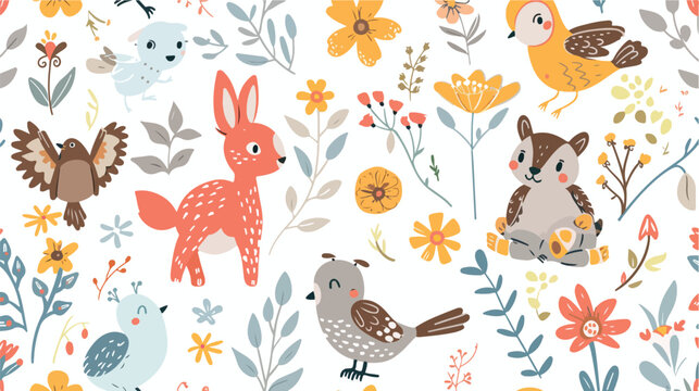 Childish seamless pattern with adorable animals birds