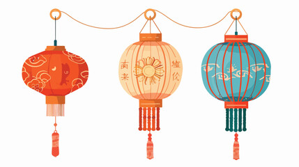 Fototapeta na wymiar Chinese paper lantern with fringe and sun symbol. Han