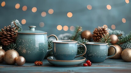 film still photograph studio set up of christmas gifts blue tea cups and teapotimage illustration - obrazy, fototapety, plakaty