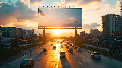 a blank billboard positioned at the entrance of a vibrant city, with colorful buildings and bustling traffic in the background, providing an ideal spot for your advertisement to capture attention. 