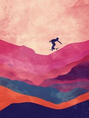 Obraz na płótnie Canvas Silhouette skateboarding on vibrant hills - A striking visual of a skater's silhouette against a backdrop of textured, colorful mountain-like layers representing challenge and success
