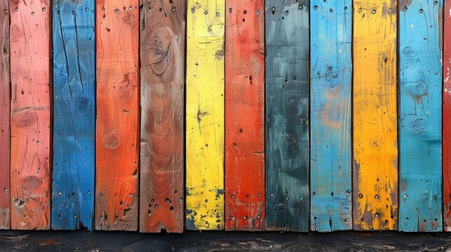 colorful wooden fence background in the style of recycled material murals loose paint applicationillustration