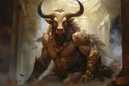 Captivating Minotaur myth with man warrior illustration. Evil beast creature near rock cave. Generate Ai