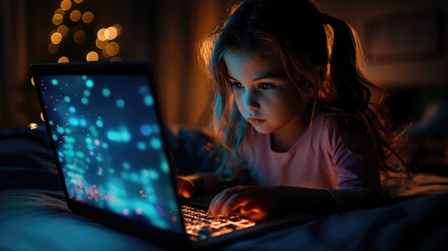 Generation alpha little girl playing or studying at laptop with new digital technology at night staying home