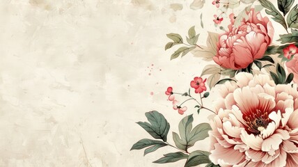 Vintage Floral Wallpaper with Peonies and Berries - A vintage-inspired design with red peony flowers and berries on a textured backdrop, expressing an old-world charm
