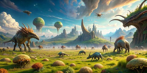 Alien planet landscape with dinosaur type creatures grazing on the grass