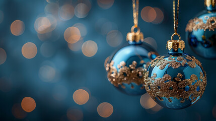 New Year minimalistic background. Golden and blue Glass Balls hanging on ribbon on a Navy blue background.