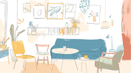 Colored drawing of cozy dining or living room furnish