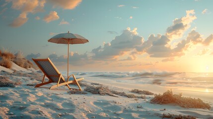 a long beach chair and umbrella against a sandy backdrop, their tranquil presence captured in realistic 8k full ultra HD resolution. - obrazy, fototapety, plakaty