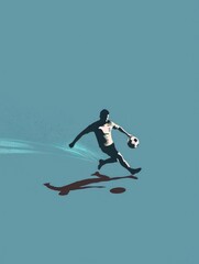 Fototapeta na wymiar Silhouette of Soccer Player on Blue Background - An artistic rendering of a soccer player with a trail of splashes, conveying movement on a soothing blue backdrop that contrasts the fiery play