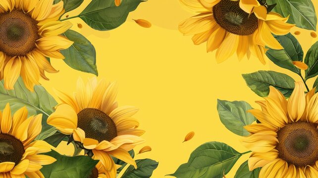 Sunflowers arranged on a bright yellow canvas - An array of sunflowers pop against a bright yellow background, highlighting themes of joy and positivity within a vibrant composition