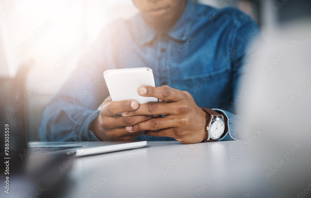 Aufkleber office, hands and man with smartphone, typing and check email for schedule and online reading for co
