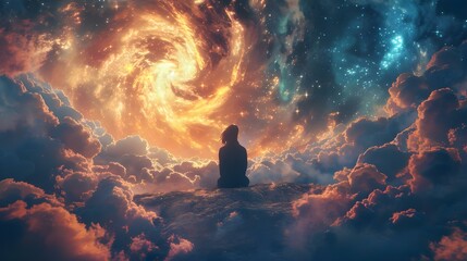 Spiritual Ascent Amidst Cosmic Swirl. Concept Meditative Retreat, Celestial Connection, Inner Peace, Universe Exploration - obrazy, fototapety, plakaty