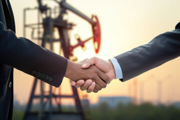 handshake of businessmen against the background of an oil rig, decrease and increase in oil production, oil market, embargo, close