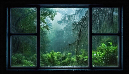 view from the window to the rainy forest, rainy day, beautiful view, back