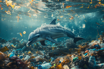 A distressed dolphin surrounded by floating plastic trash against a bleak blue-gray ocean backdrop highlighting the urgency of World Oceans Day