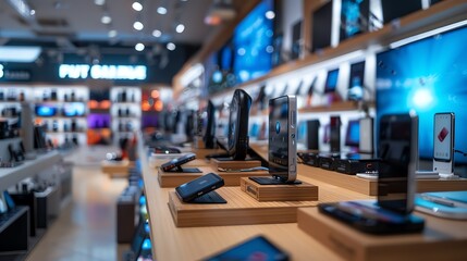 innovative tech gadgets on display in a modern electronics store, featuring documentary authenticity
