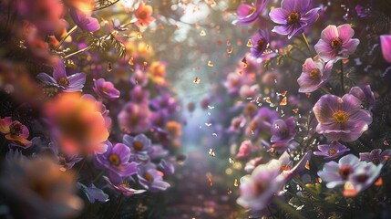 Anemones create a fairy-tale tunnel of color, their delicate petals fluttering like butterflies in the soft, summer breeze. - obrazy, fototapety, plakaty